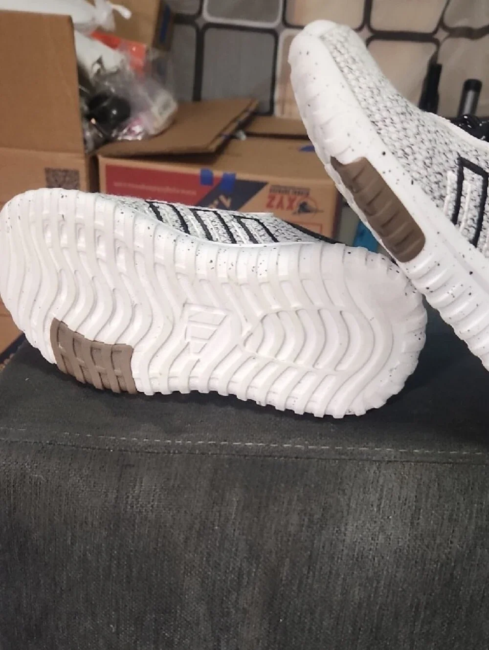 adidas Kids Gray Knit Sneakers with Black and White Accents